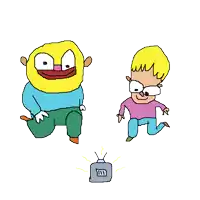 a cartoon of a man with a beard and a boy kneeling next to a tv