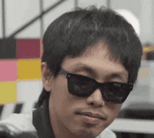 a close up of a man wearing sunglasses and making a funny face .
