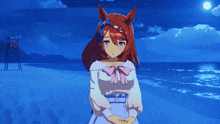 a girl with a horse head is standing on a beach at night