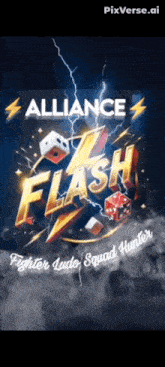 a poster for alliance flash fighter dudo squad hunter with dice and lightning
