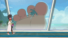 a cartoon of a woman holding a beaker walking in front of a giant foot