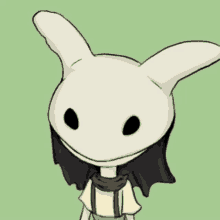 a cartoon character with a white bunny mask on their head