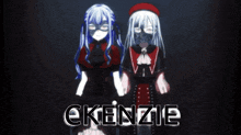 two anime girls are standing next to each other and the word ekenzie is visible
