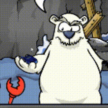 a cartoon of a polar bear holding a blue crab
