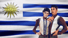 two men standing in front of a blue and white flag