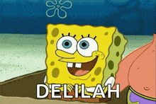 a cartoon of spongebob saying delilah next to patrick on the beach