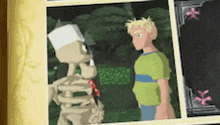 a skeleton and a boy are standing next to each other in a picture .