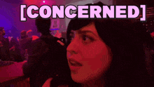 a woman in a red room with the word concerned above her