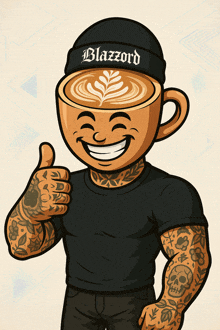 a cartoon of a man wearing a beanie with blazzard on it