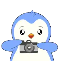 a blue and white penguin taking a picture with a camera