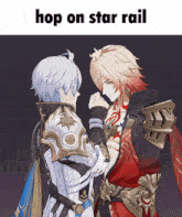 a couple of anime characters holding hands with the caption hop on star rail