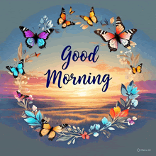 a painting of butterflies and flowers with the words " good morning "