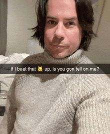 a man wearing a turtleneck sweater has a cat emoji on his face and the caption if i beat that up