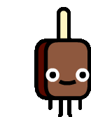 a cartoon drawing of a chocolate ice cream bar on a stick with a face .