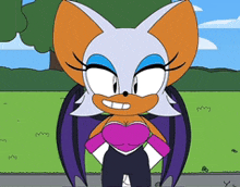 rouge the bat from sonic the hedgehog is wearing a pink top and black pants