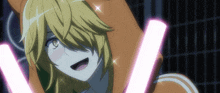 a close up of a anime character with yellow hair and a hood