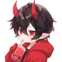 a boy with horns is drinking a cup of bubble tea .