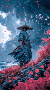 a painting of a samurai holding a sword in front of a stormy sky