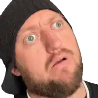 a man with a beard is wearing a black hat and making a surprised face