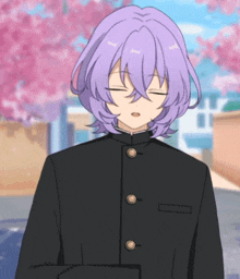 a boy with purple hair is wearing a black uniform with gold buttons
