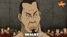 a cartoon of a man saying what in front of a crowd of people
