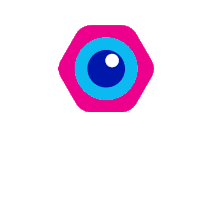 a pink hexagon with a blue eye in it