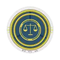 a blue and gold circle with a scale of justice inside