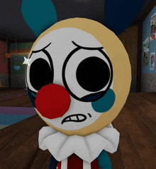 a clown with a sad look on his face is standing on a wood floor