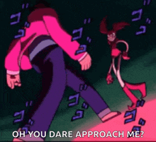 a cartoon of a person walking next to a cartoon character .