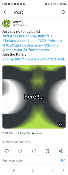 a screenshot of a tweet by weswill says " just say no to rug pulls "