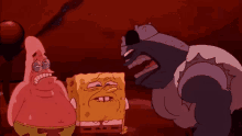 a cartoon character from spongebob squarepants is covered in red slime and has tears running down his eyes .