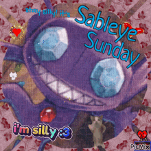 a picture of a purple monster with the words " sableye sunday " on it