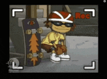 a cartoon character is squatting next to a skateboard and a sign that says rock on it