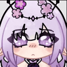 a cartoon girl with purple hair and flowers in her hair is wearing glasses and a necklace .