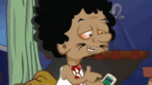 a cartoon character is holding a cell phone with a green display
