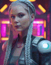 a woman with braids is wearing a futuristic outfit and has a light on her arm