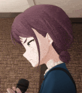 a girl with purple hair is holding a microphone in her hand