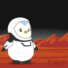a cartoon of a penguin in a space suit with the word pengu on the bottom