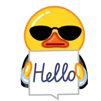 a yellow duck wearing sunglasses and a black suit holds a pen