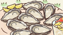 a plate of oysters with lemon slices and a bottle of ketchup