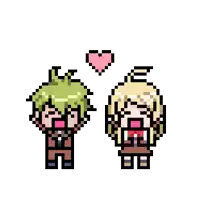 a boy and a girl are standing next to each other with a heart above them .