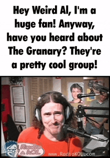 a man wearing headphones stands in front of a microphone in a radio studio