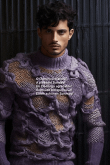 a man is wearing a purple sweater with the words " o duminica placuta " on it