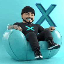 a man in a black shirt with the letter x on it sits on a blue chair