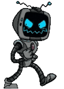 a cartoon robot with a tv head and blue eyes is walking .