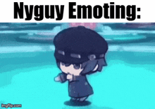 a cartoon character is dancing with the words nyguy emoting written above him .