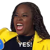 a woman wearing a yellow jacket and necklace says yes