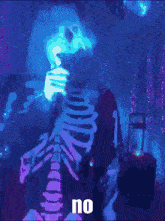 a person in a skeleton costume is singing into a microphone and the word no is visible