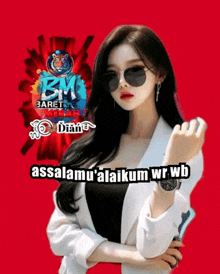a woman wearing sunglasses and a white jacket stands in front of a red background