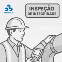 an illustration of a man holding a device with the words inspecao de integridade reduce os riscos operacionais